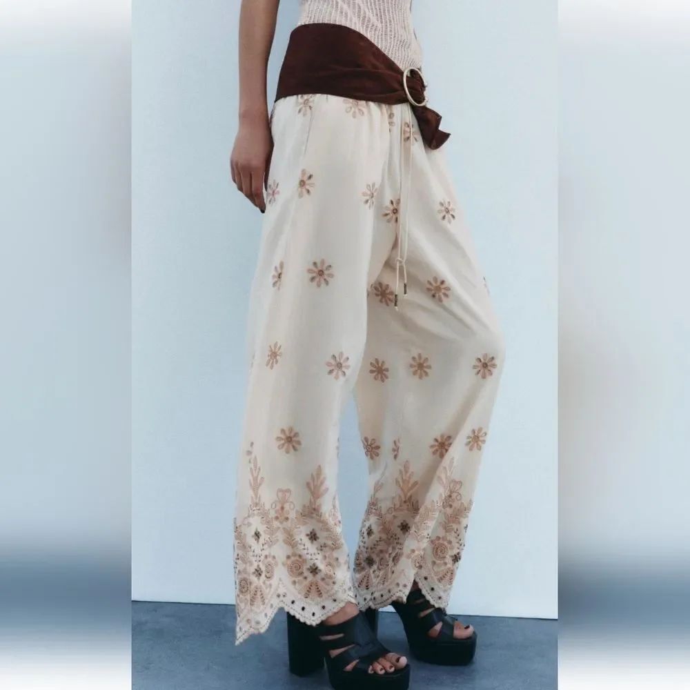 Zara ZW Embroidered Wide Leg Pants size M - Picture 2 of 11